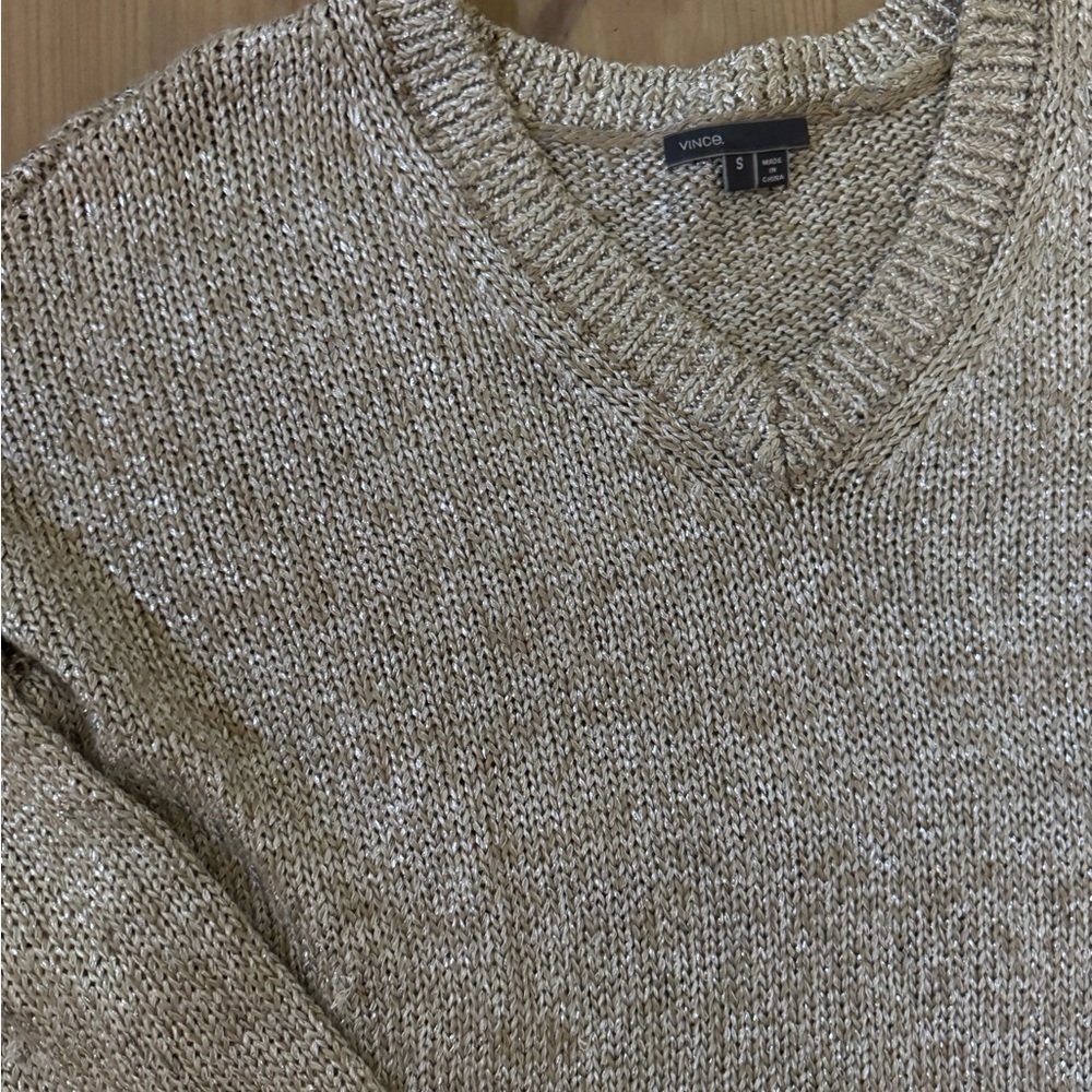 VINCE Linen-Blend V-Neck Silver Metallic Sweater S - Picture 6 of 6